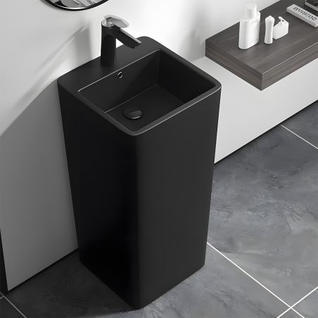 Lavoar stativ freestanding, Negru Mat, Power Color, 40x40x84 cm, cu gaura de baterie, ceramica sanitara, Bufon
