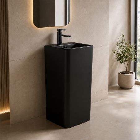 Lavoar stativ freestanding, Negru Mat, Power Color, 40x40x84 cm, cu gaura de baterie, ceramica sanitara, Bufon