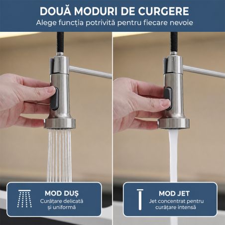 Baterie bucatarie, dus extractabil ,2 tipuri de pulverizare, pipa flexibila rotativa 360°, otel inoxidabil, Nichel Mat, Rivon
