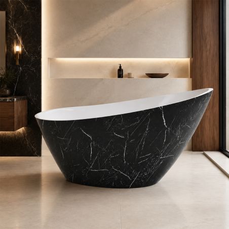 Cada de baie, freestanding, acril, ventil si preaplin crom inclus, Negru Marquina exterior Alb Lucios interior, 160x80 cm, Cairo