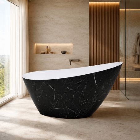 Cada de baie, freestanding, acril, ventil si preaplin crom inclus, Negru Marquina exterior Alb Lucios interior, 160x80 cm, Cairo