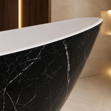 Cada de baie, freestanding, acril, ventil si preaplin crom inclus, Negru Marquina exterior Alb Lucios interior, 160x80 cm, Cairo