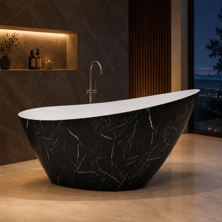 Cada de baie, freestanding, acril, ventil si preaplin crom inclus, Negru Marquina exterior Alb Lucios interior, 160x80 cm, Cairo