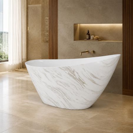 Cada de baie, freestanding, acril, ventil, preaplin crom inclus, Alb Calacatta exterior Alb Lucios interior, 160x80 cm, Cairo