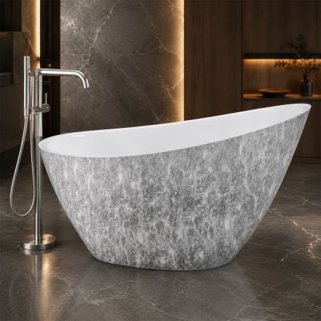 Cada de baie, freestanding, acril, ventil, preaplin crom inclus, Piatra naturala exterior Alb Lucios interior, 160x80 cm, Cairo