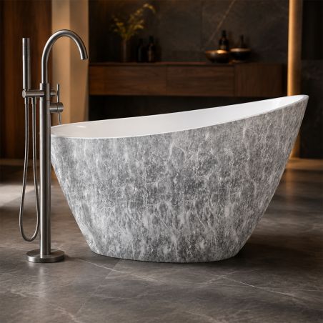 Cada de baie, freestanding, acril, ventil, preaplin crom inclus, Piatra naturala exterior Alb Lucios interior, 160x80 cm, Cairo