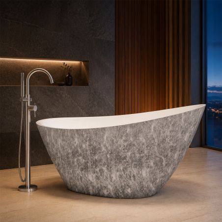 Cada de baie, freestanding, acril, ventil, preaplin crom inclus, Piatra naturala exterior Alb Lucios interior, 160x80 cm, Cairo