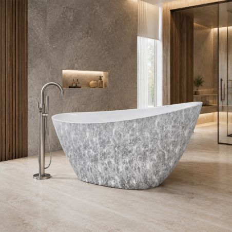 Cada de baie, freestanding, acril, ventil, preaplin crom inclus, Piatra naturala exterior Alb Lucios interior, 160x80 cm, Cairo
