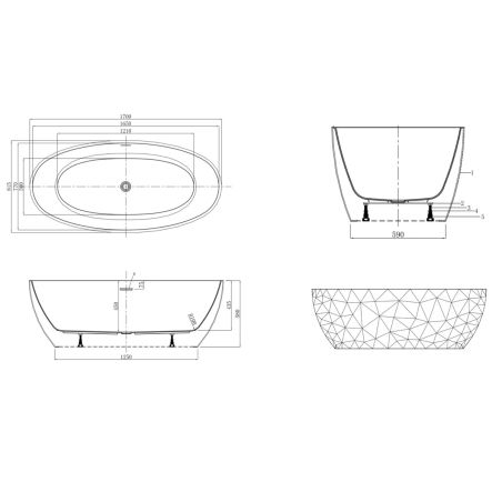 Cada de baie, freestanding, acril, ventil si preaplin crom inclus, Alb lucios exterior Alb Mat interior, 170x80 cm, Valencia