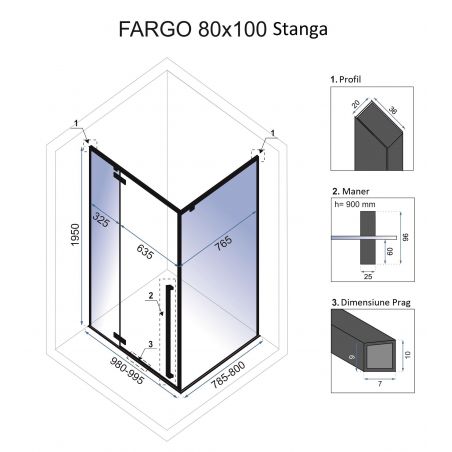 Cabina de dus, EGO-Fargo, sticla securizata 6mm, 90x90cm, Easy Clean