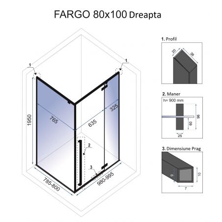 Cabina de dus, EGO-Fargo, sticla securizata 6mm, 90x90cm, Easy Clean