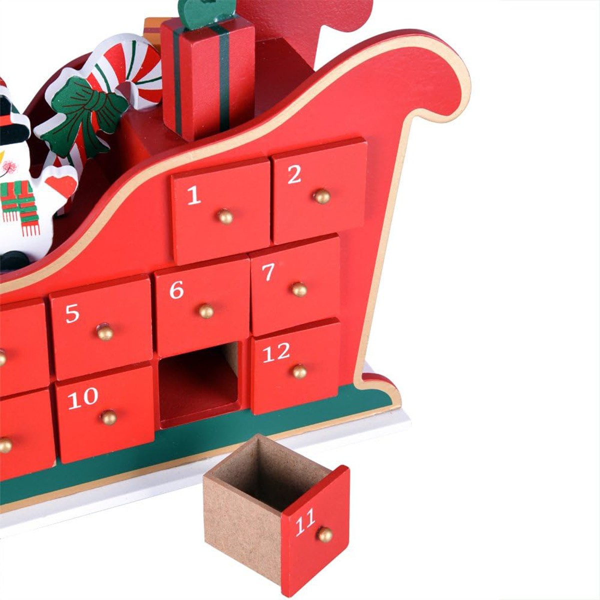 Decoratiune Craciun, Calendar Advent cu 24 sertare, Mos Craciun din lemn, 52x13 cm, Ego