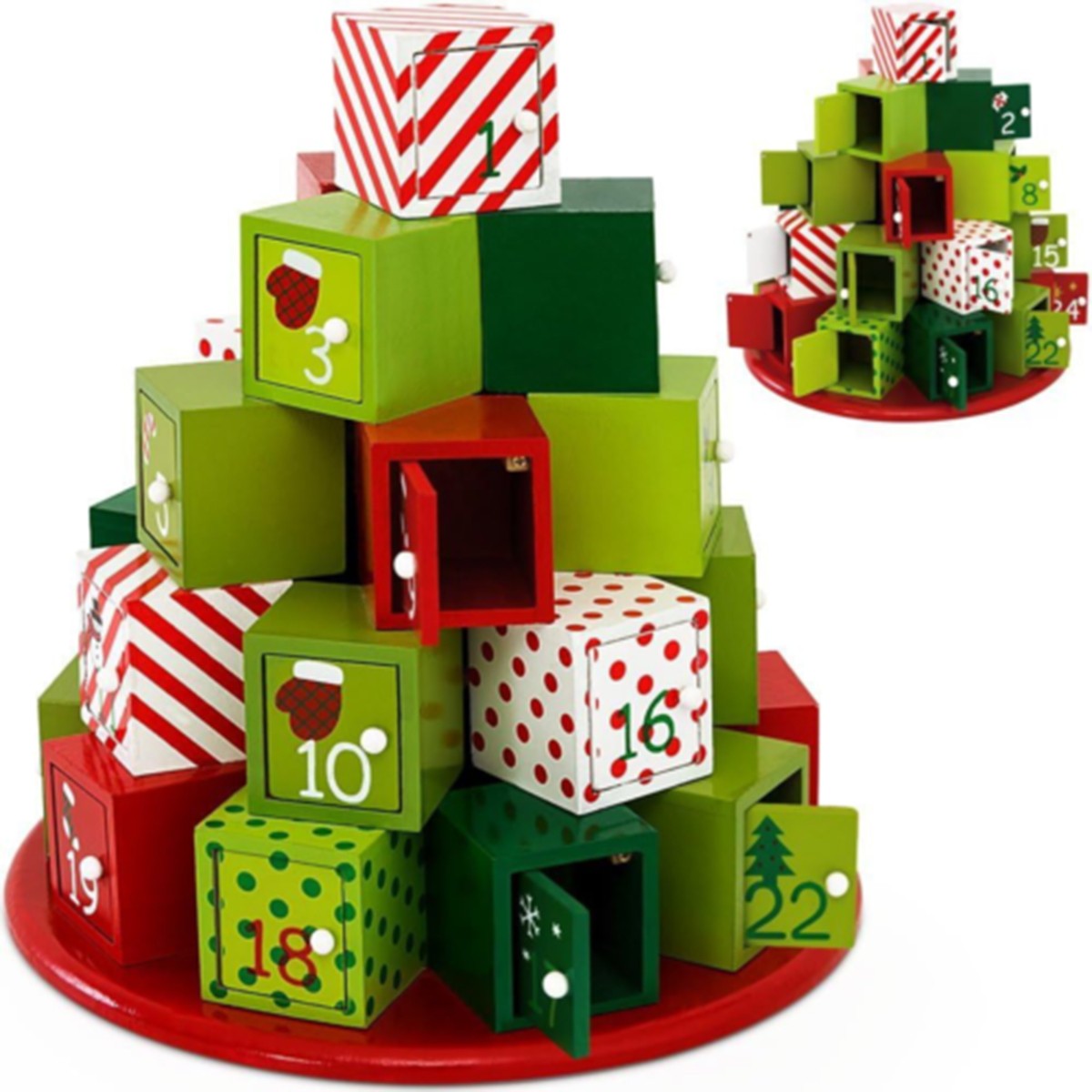 Decoratiune Craciun, Calendar Advent cu 24 sertare, Brad, MDF, 30.5x27 cm, Ego