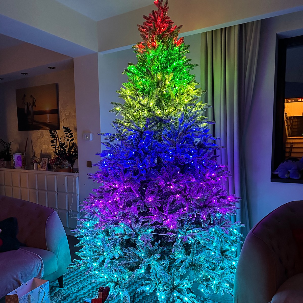 Brad artificial, Nins, Polar, ramuri 3D,  250 cm, Led RGB 32 moduri, telecomanda, suport metalic, 4186 crengute