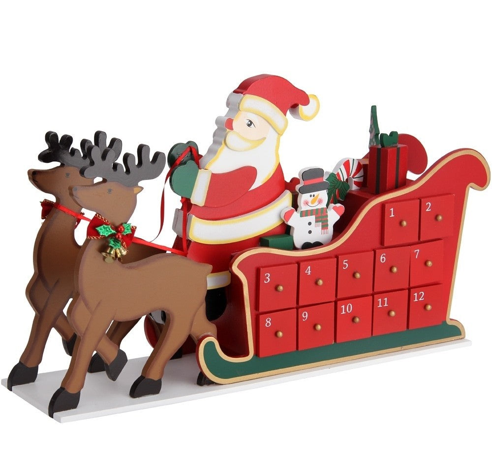 Decoratiune Craciun, Calendar Advent cu 24 sertare, Mos Craciun din lemn, 52x13 cm, Ego