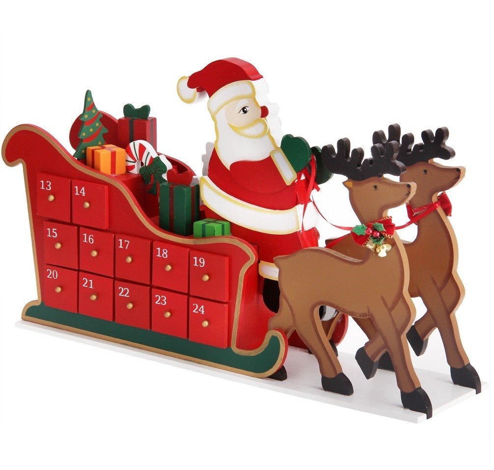 Decoratiune Craciun, Calendar Advent cu 24 sertare, Mos Craciun din lemn, 52x13 cm, Ego
