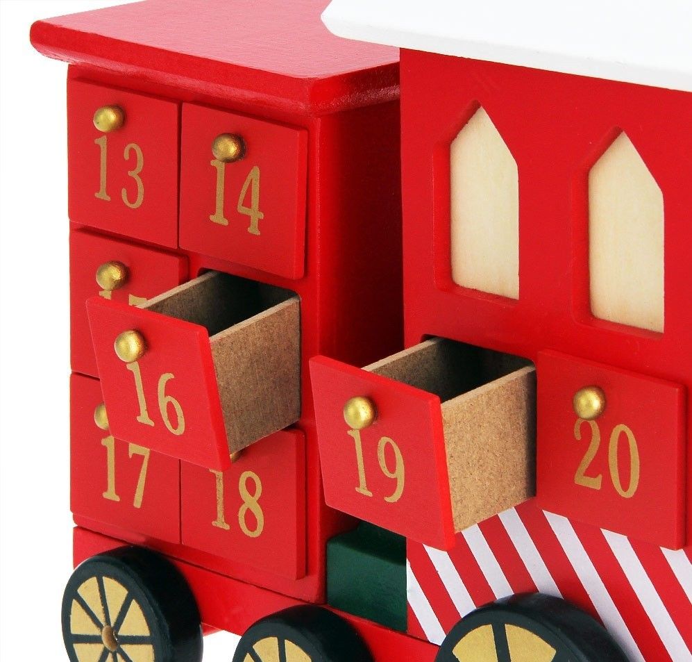 Decoratiune Craciun, Calendar Advent Trenulet din lemn, Rosu, 24 sertare, 42x23 cm