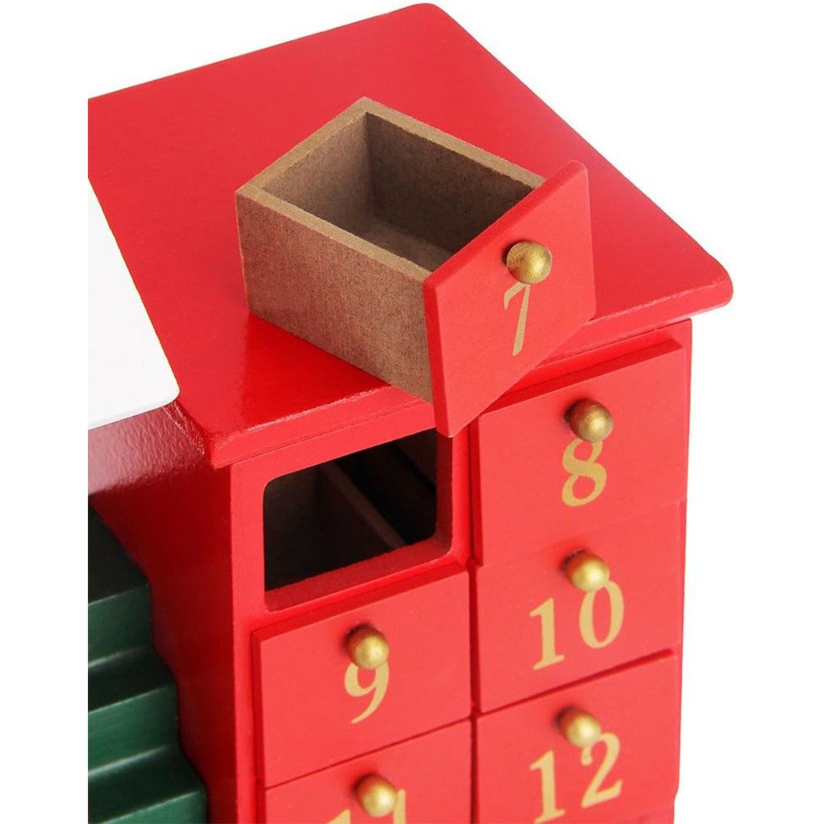 Decoratiune Craciun, Calendar Advent Trenulet din lemn, Rosu, 24 sertare, 42x23 cm