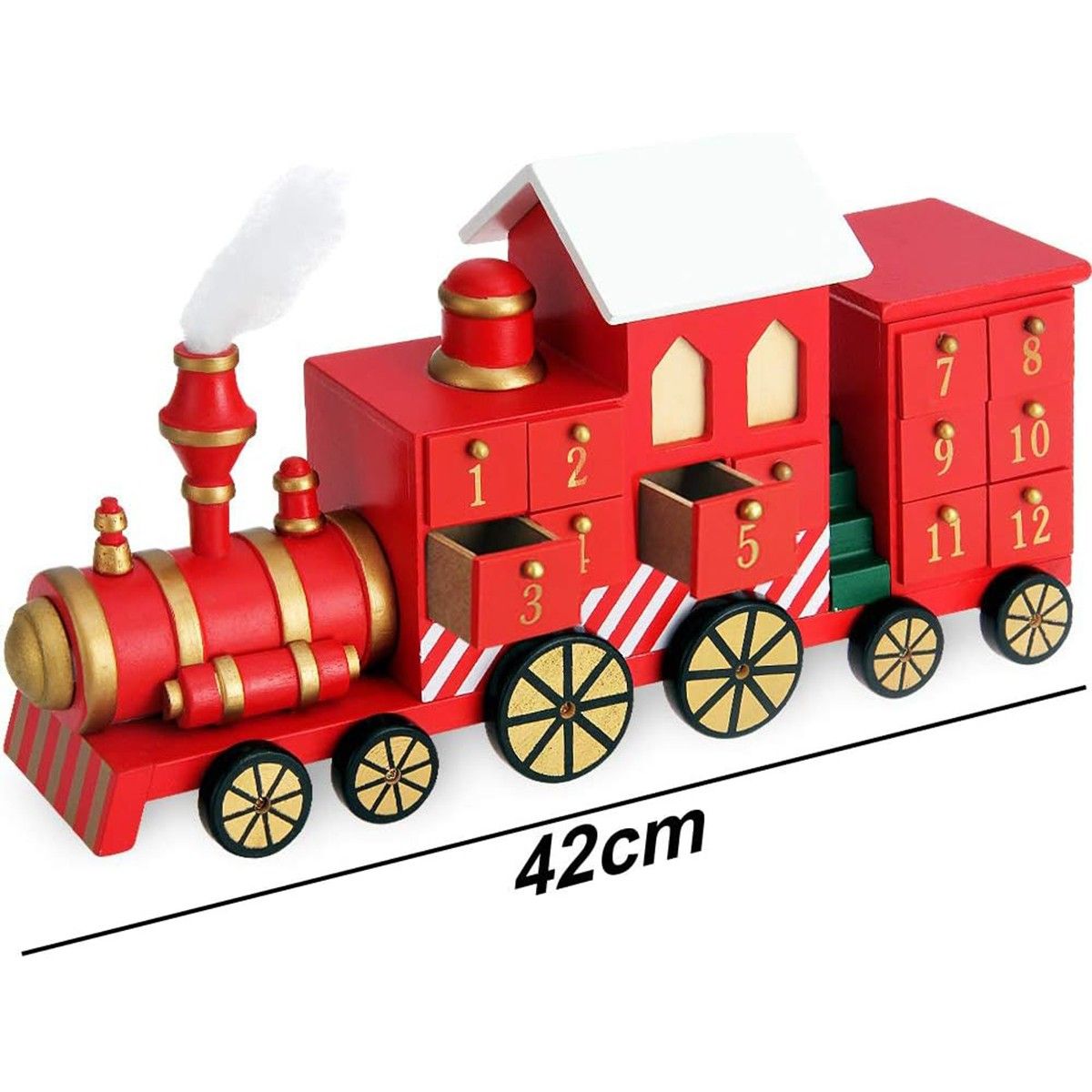 Decoratiune Craciun, Calendar Advent Trenulet din lemn, Rosu, 24 sertare, 42x23 cm