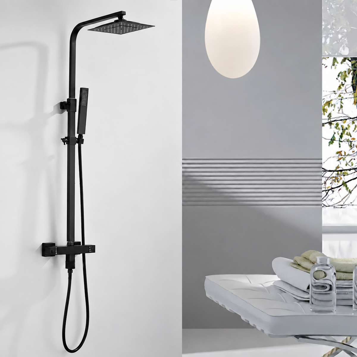 Sistem de dus cu termostat, 2 functii, dus tip ploaie, dus de mana, montaj pe perete, Negru Mat, Hermes