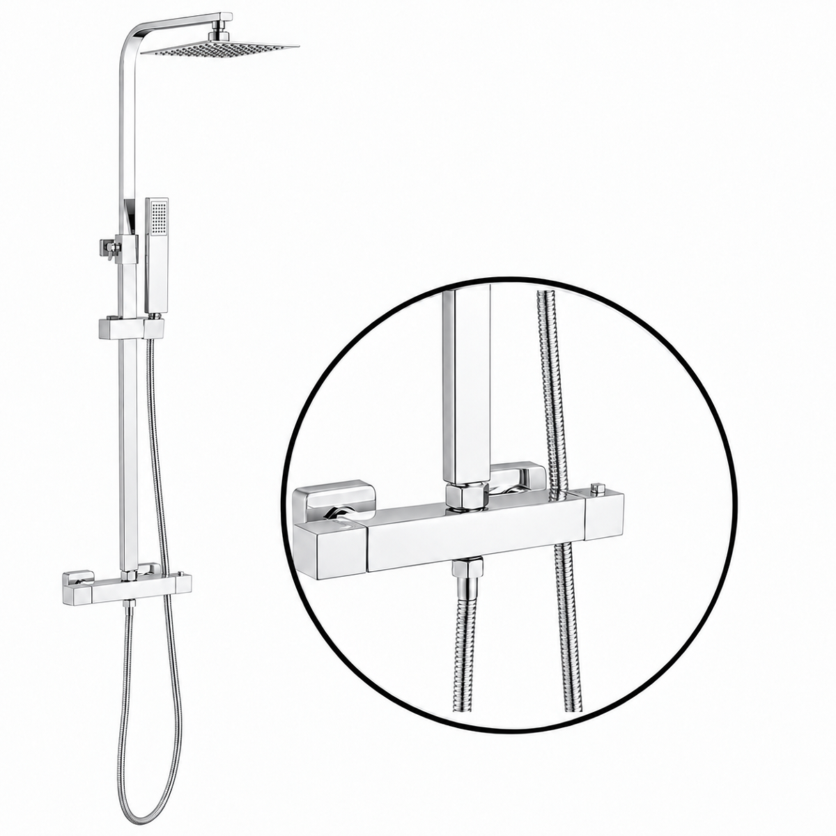 Sistem de dus cu termostat, 2 functii, dus tip ploaie, dus de mana, montaj pe perete, Crom, Hermes