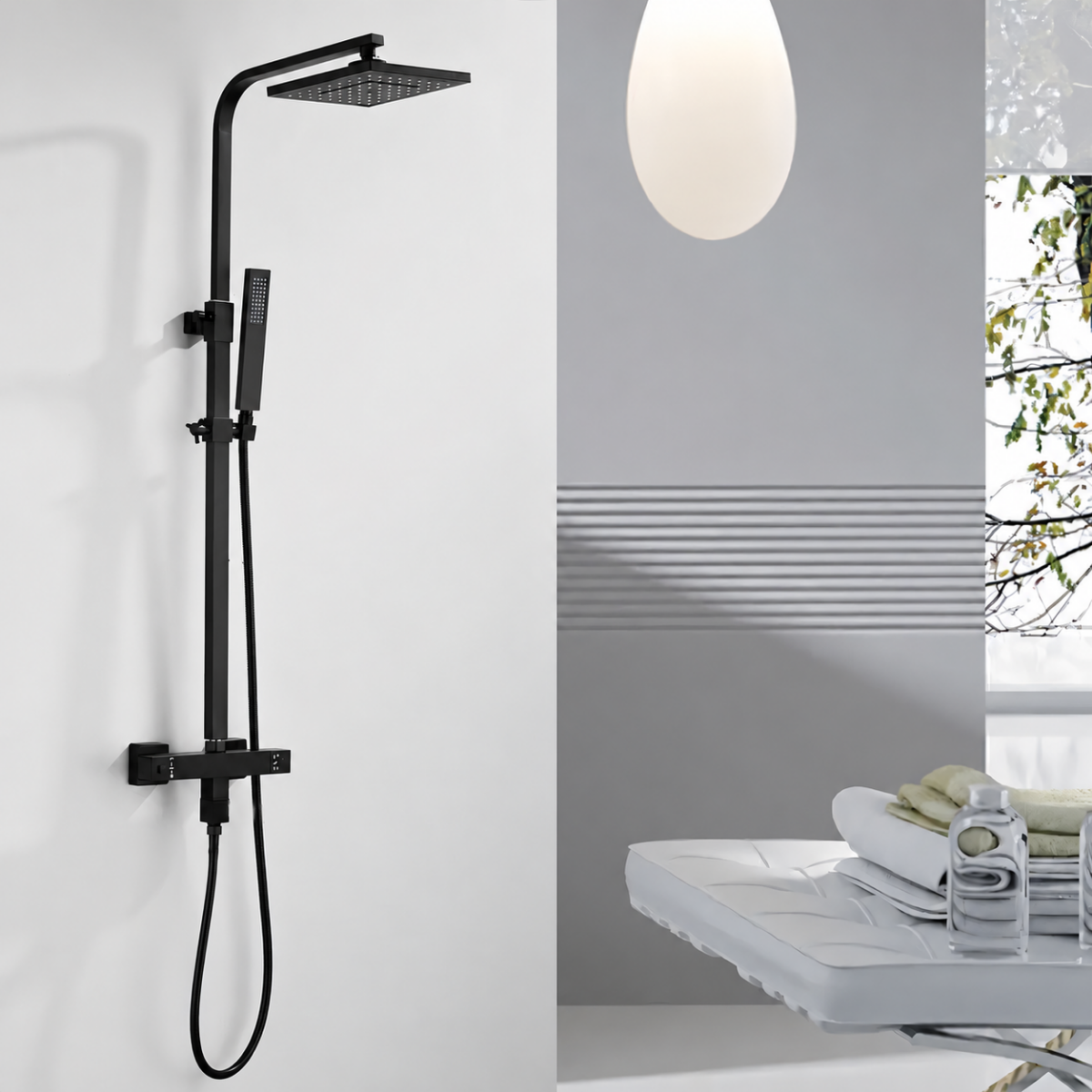 Sistem de dus cu termostat, 2 functii, dus tip ploaie, dus de mana, montaj pe perete, Negru Mat, Hermes