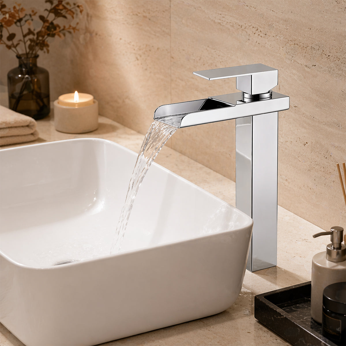 Baterie lavoar, tip cascada, montaj pe blat, Crom, inaltime 31.4 cm, Cortano