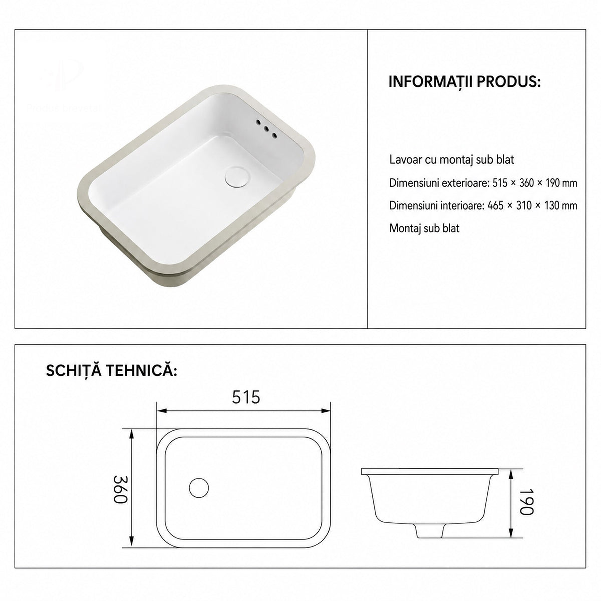 Lavoar, Alb Lucios, montaj incastat sub blat, ceramica sanitara, 51x36 cm, Cora