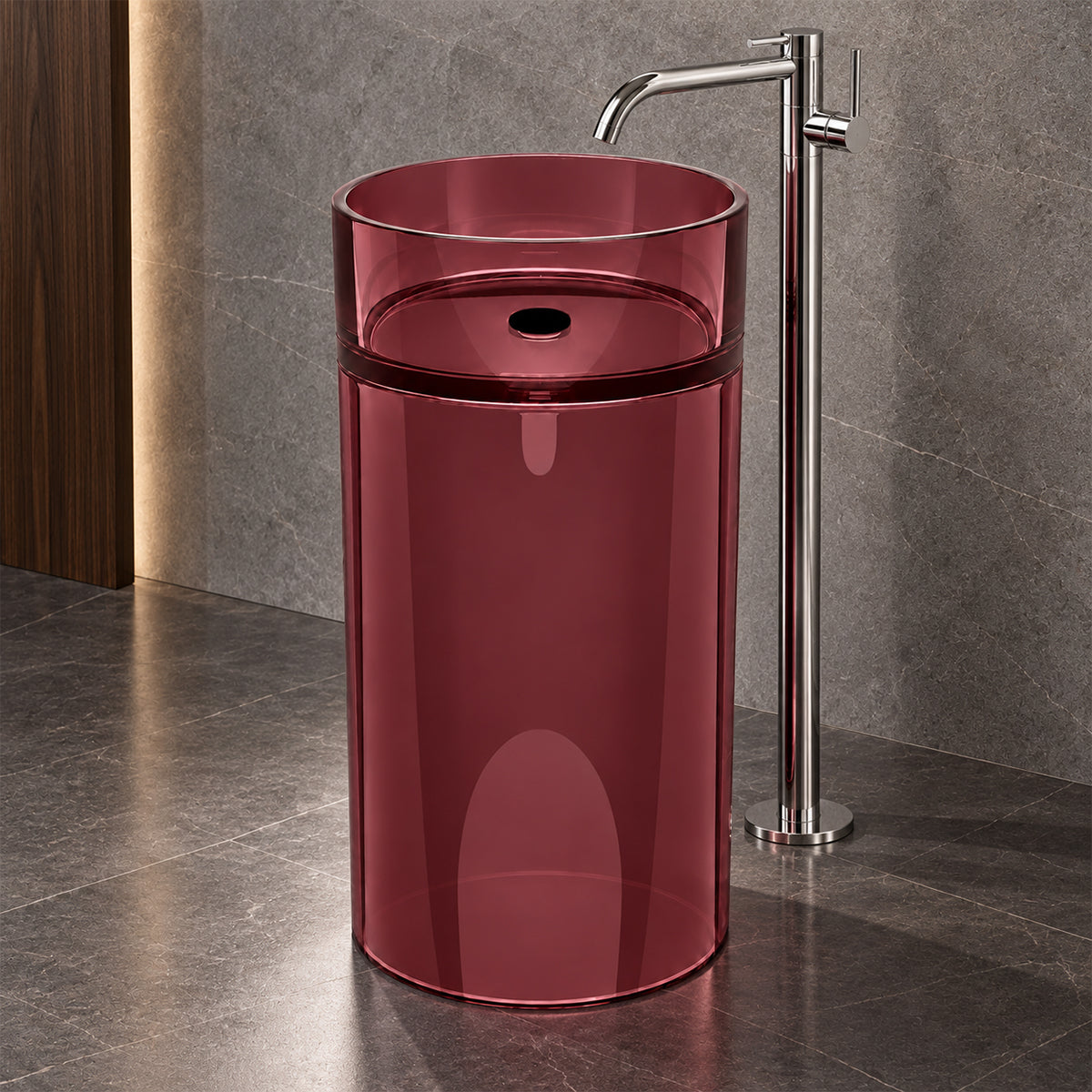 Lavoar stativ, freestanding, CristalMood, culoarea Rosu Visiniu, transparent, 45x45x85 cm, ventil inclus, Selora