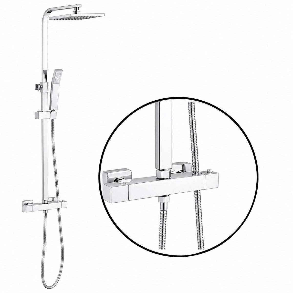 Sistem de dus cu termostat, 2 functii, dus tip ploaie, dus de mana, montaj pe perete, Crom, Hermes