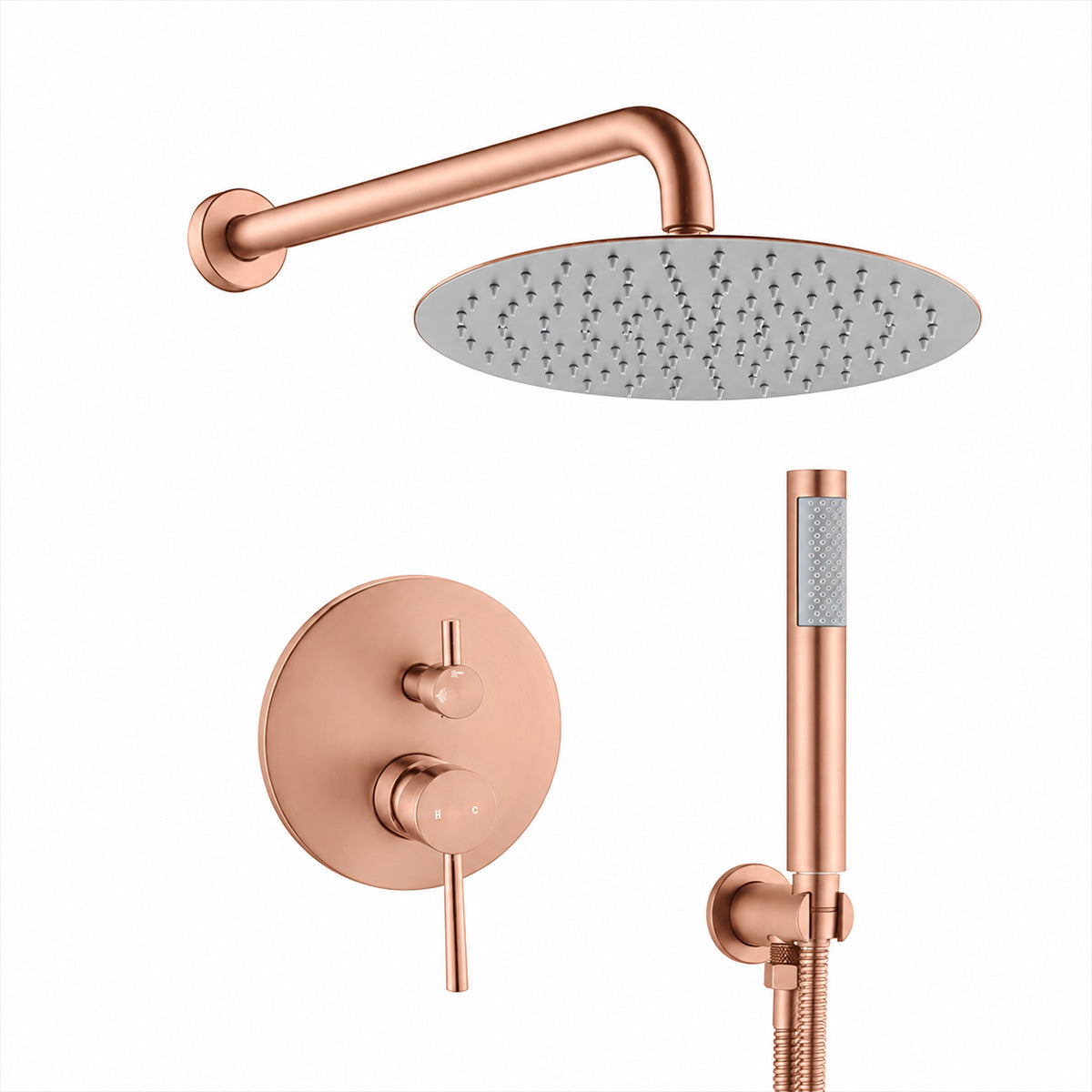 Sistem de dus, otel, Rose Gold, 2 functii, dus tip ploaie, dus de mana, montaj pe perete, Fino