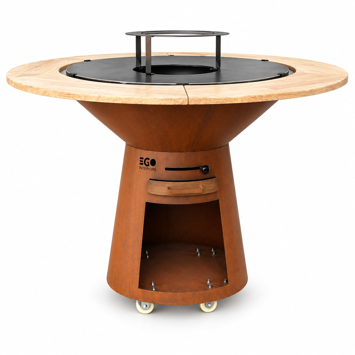 Gratar pe lemn, fonta, otel corten si lemn, Maro ruginiu, plita mare, spatiu depozitare lemne, roti transport, Ø100xH90 cm, Avangarde