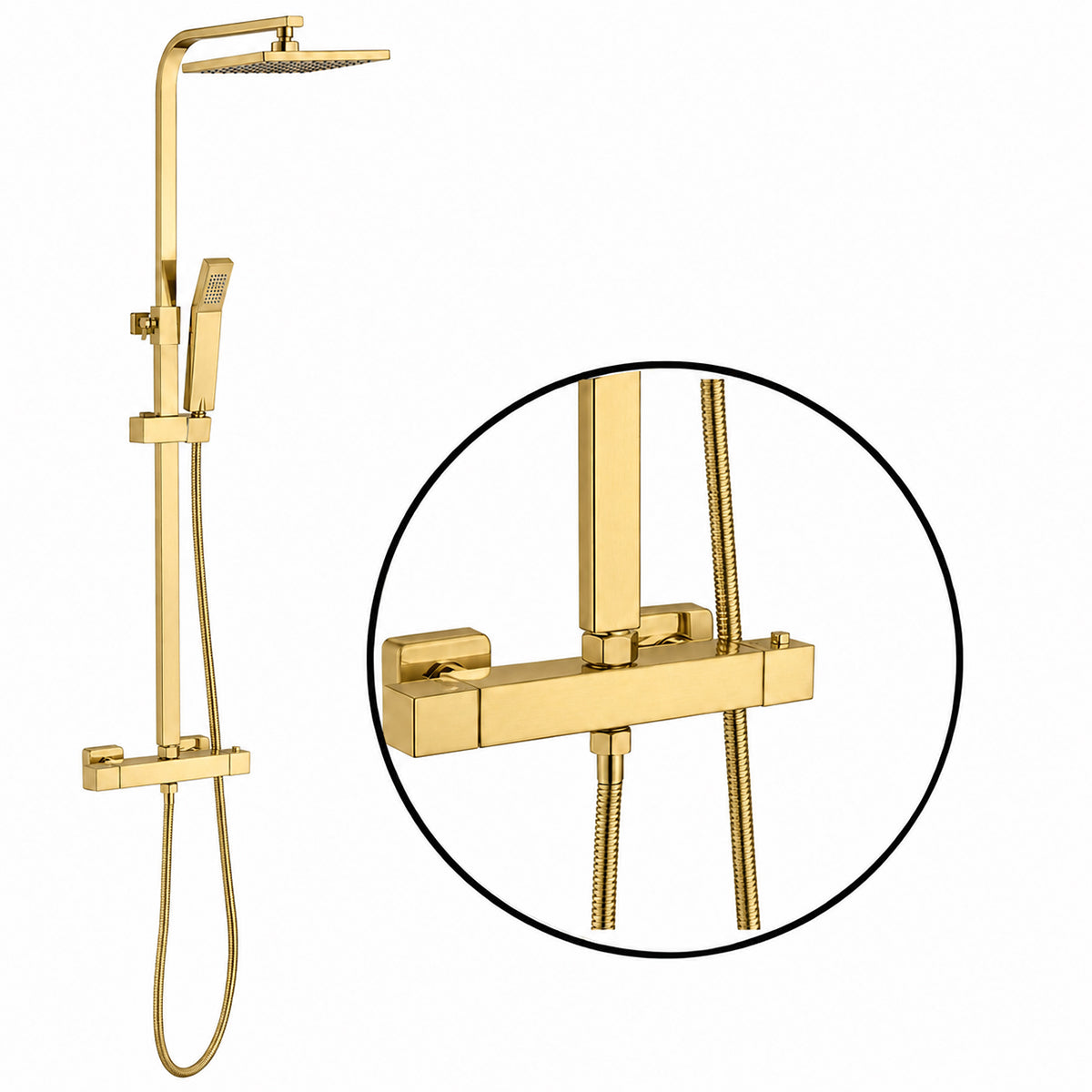 Sistem de dus cu termostat, 2 functii, dus tip ploaie, dus de mana, montaj pe perete, Auriu Mat, Hermes