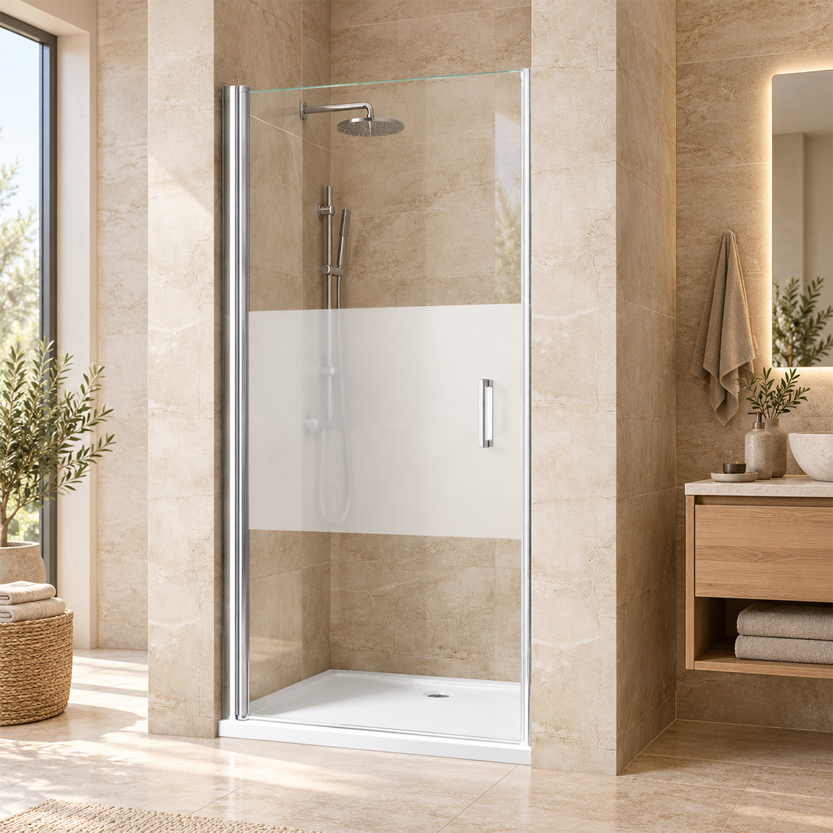 Usa de dus, Sablata partial, Deschidere 180°, montaj reversibil, Dimensiune: 90x195 cm, tratament Nano Easy Clean, EGO-24