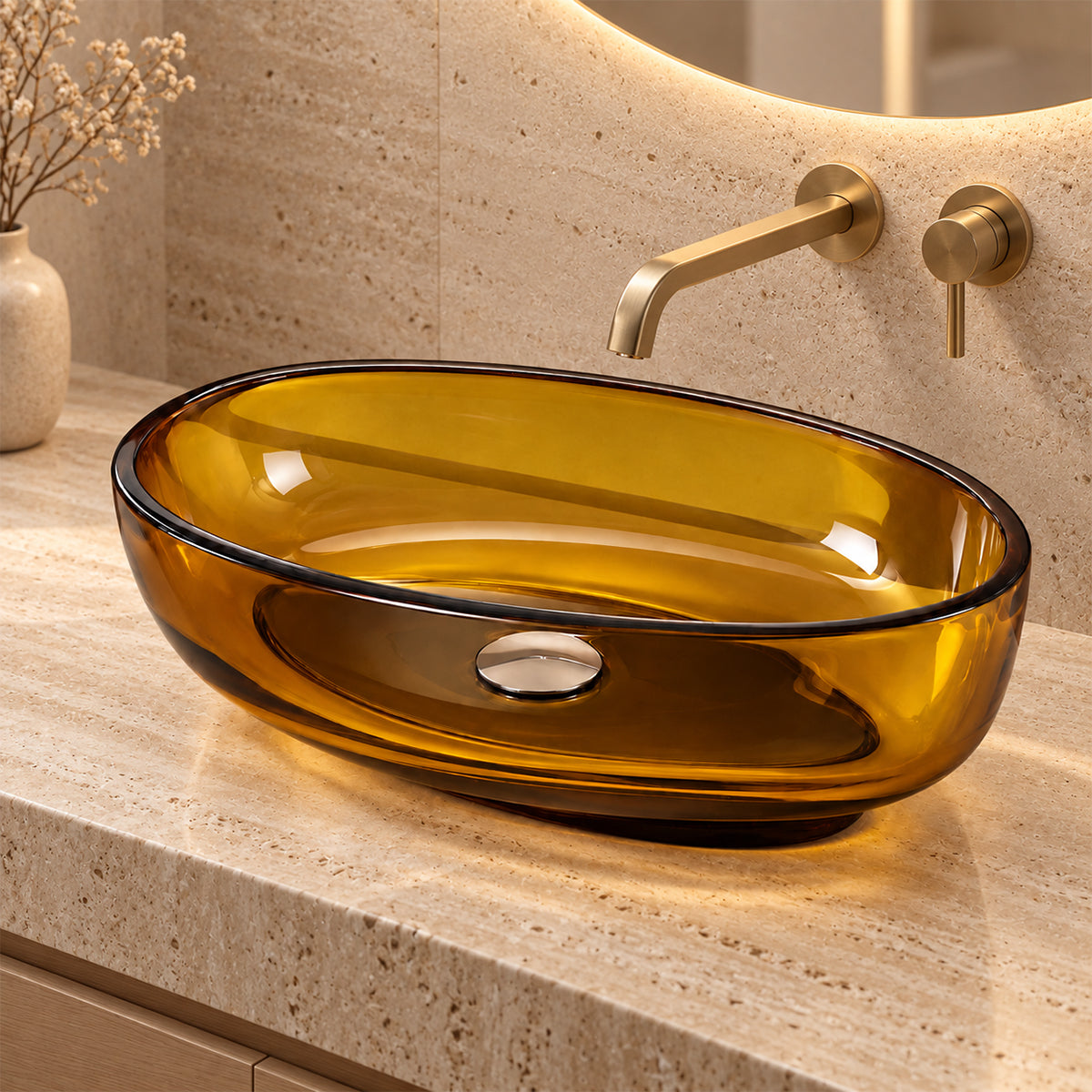 Lavoar, CristalMood, culoarea graului, transparent, ventil crom inclus, 55x37 cm, montaj pe blat, Siena