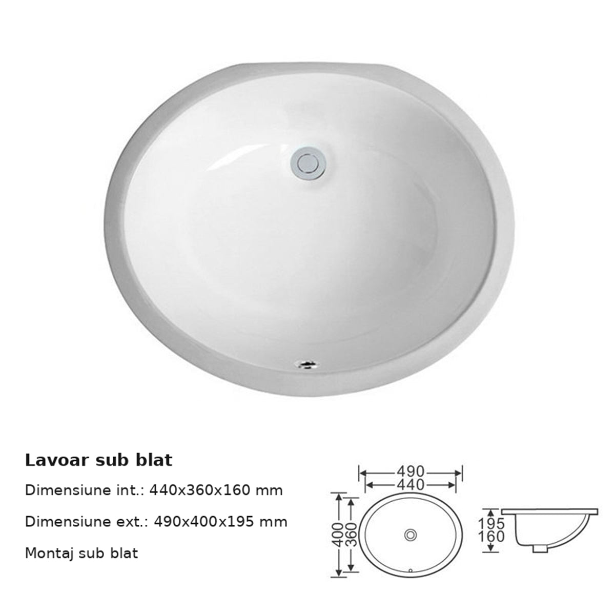 Lavoar, ceramica sanitara, montaj incastrat sub blat, Alb Lucios, 49x40 cm, Selora