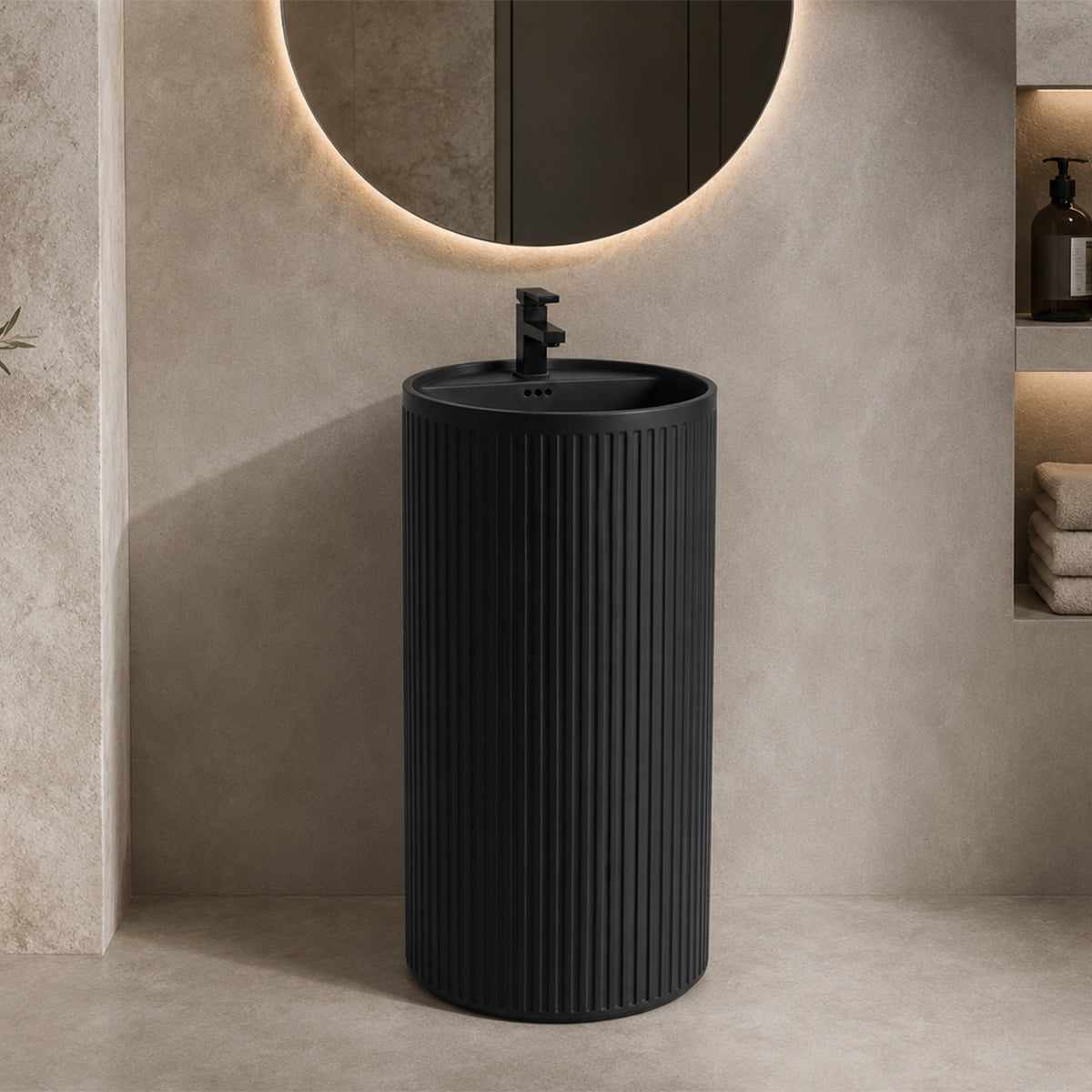 Lavoar freestanding Negru Mat cu riflaj vertical, 45x45x85 cm, cu gaura de baterie, ceramica sanitara, Firenze