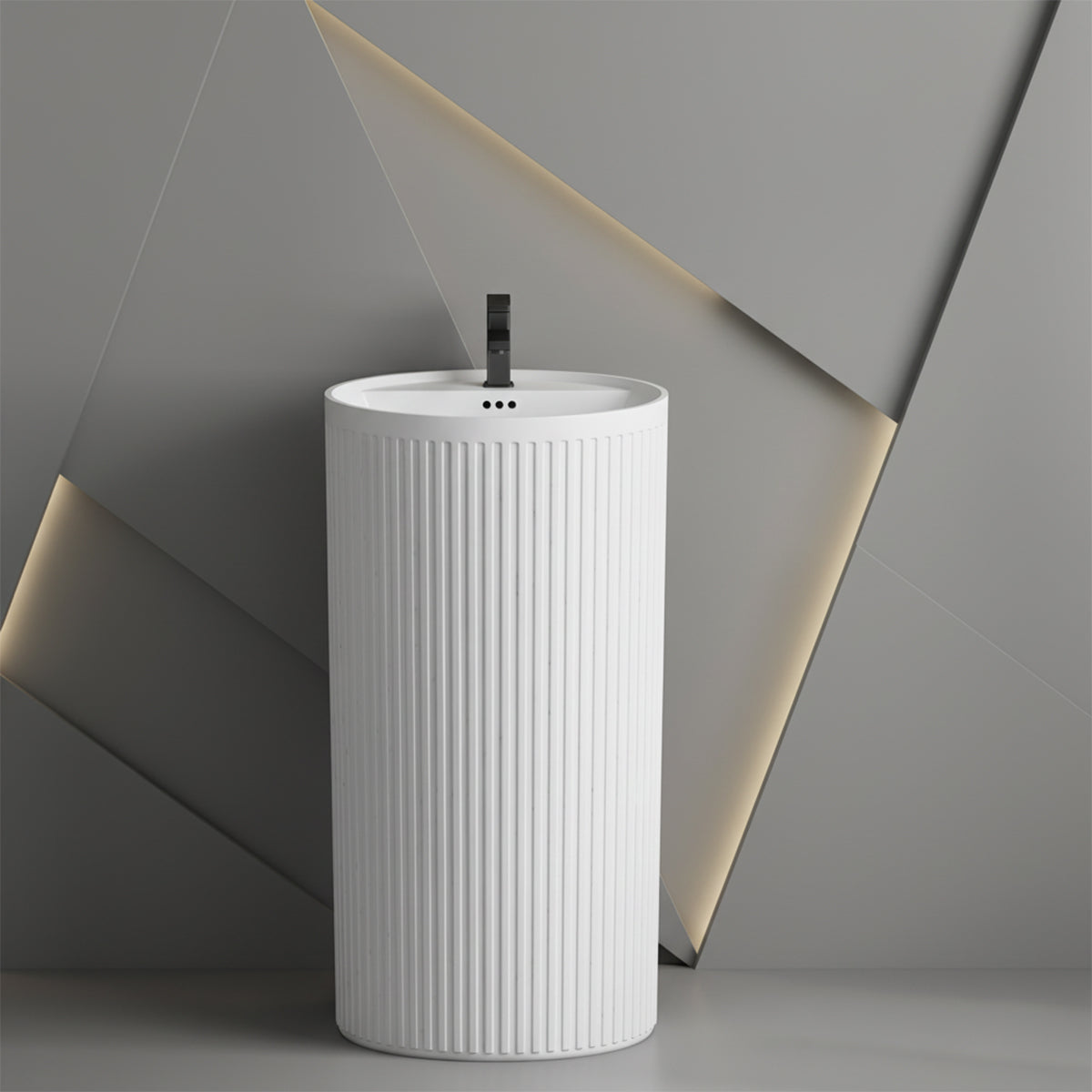 Lavoar freestanding alb lucios cu riflaj vertical, 45x45x85 cm, cu gaura de baterie, ceramica sanitara, Firenze