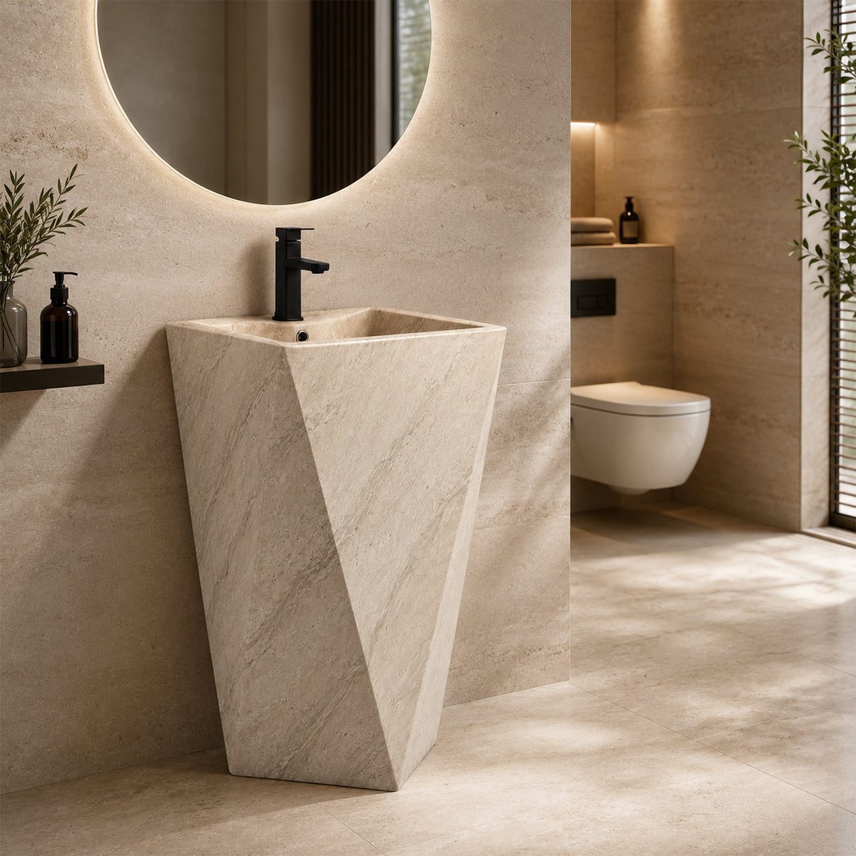 Lavoar stativ, cu gaura de baterie, 47x47x83 cm, montaj pe podea, ceramica sanitara, Enrico Stone