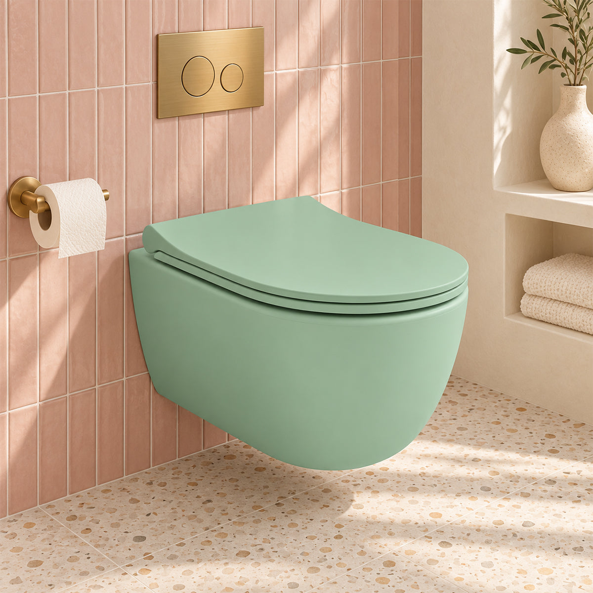 Vas WC EGO Michael Rimless, 49x37 cm, Verde Mint Mat, Power Colour, montaj suspendat, capac duroplast soft-close easy off