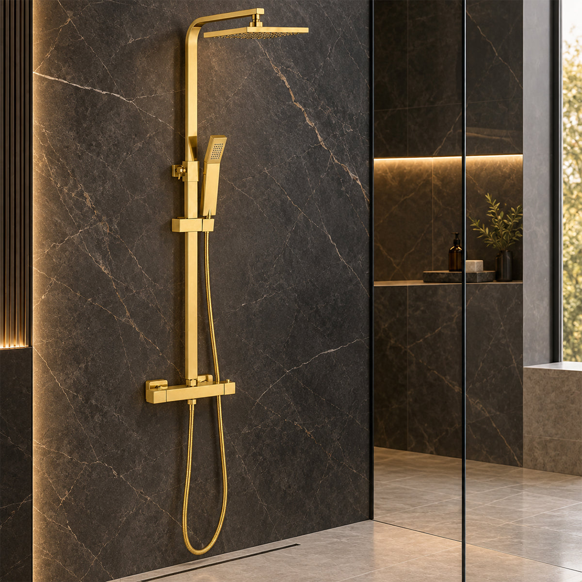 Sistem de dus cu termostat, 2 functii, dus tip ploaie, dus de mana, montaj pe perete, Auriu Mat, Hermes
