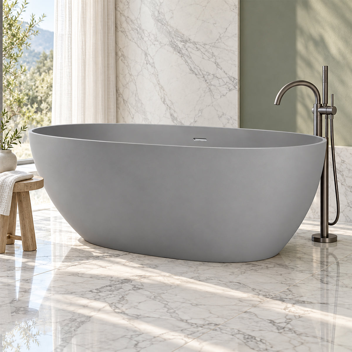 Cada de baie, compozit mineral, freestanding, Gri Ciment Mat, ventil crom inclus, 170x78 cm, Aveline