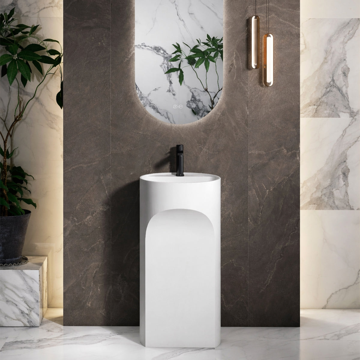 Lavoar stativ, freestanding, cu gaura de baterie, Alb Lucios, 45x45x85 cm, ceramica sanitara, Ontario