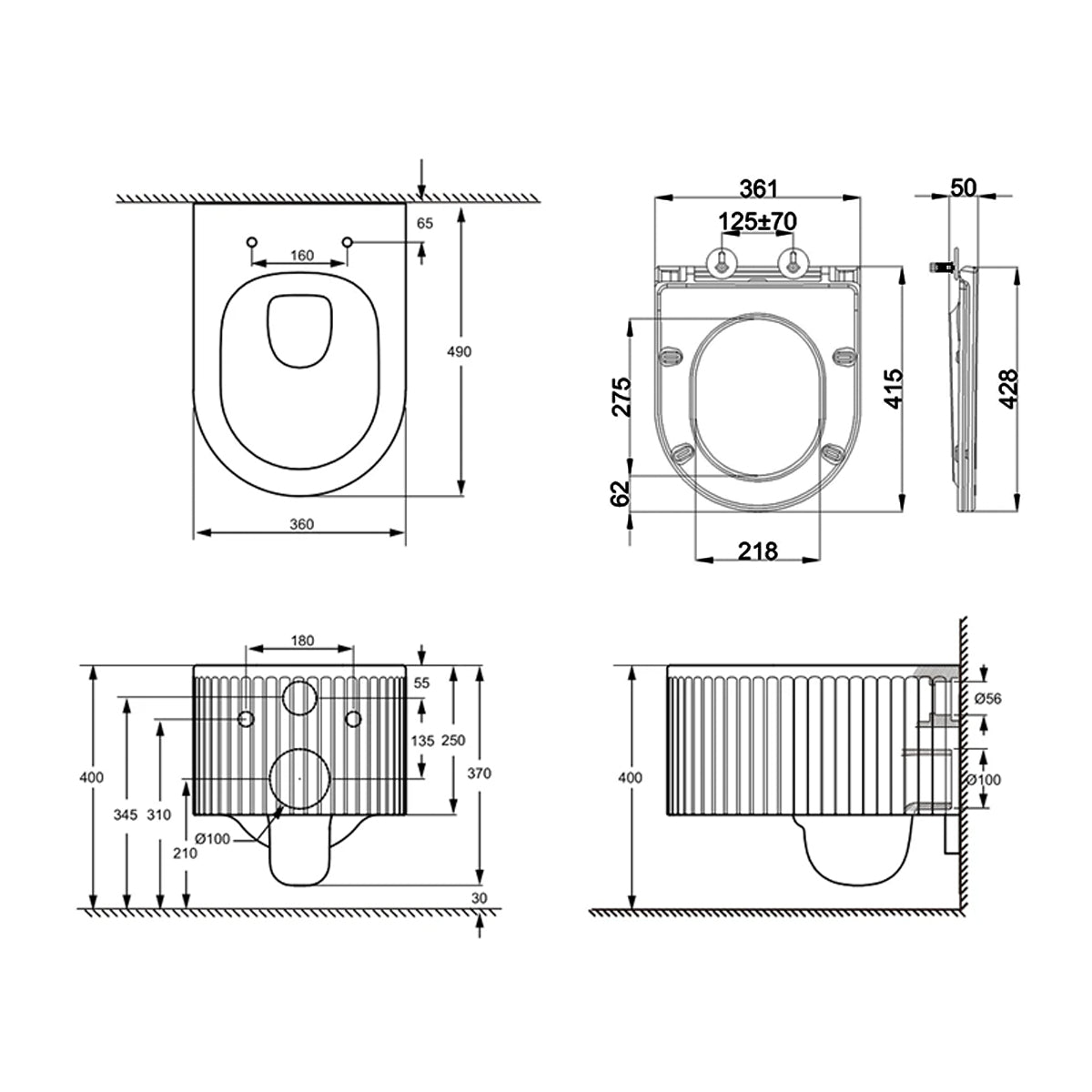 Vas WC, montaj suspendat, Jasmine Mat cu riflaj vertical, Sistem Tornado Flush, 49x36 cm, ceramica sanitara, Firenze