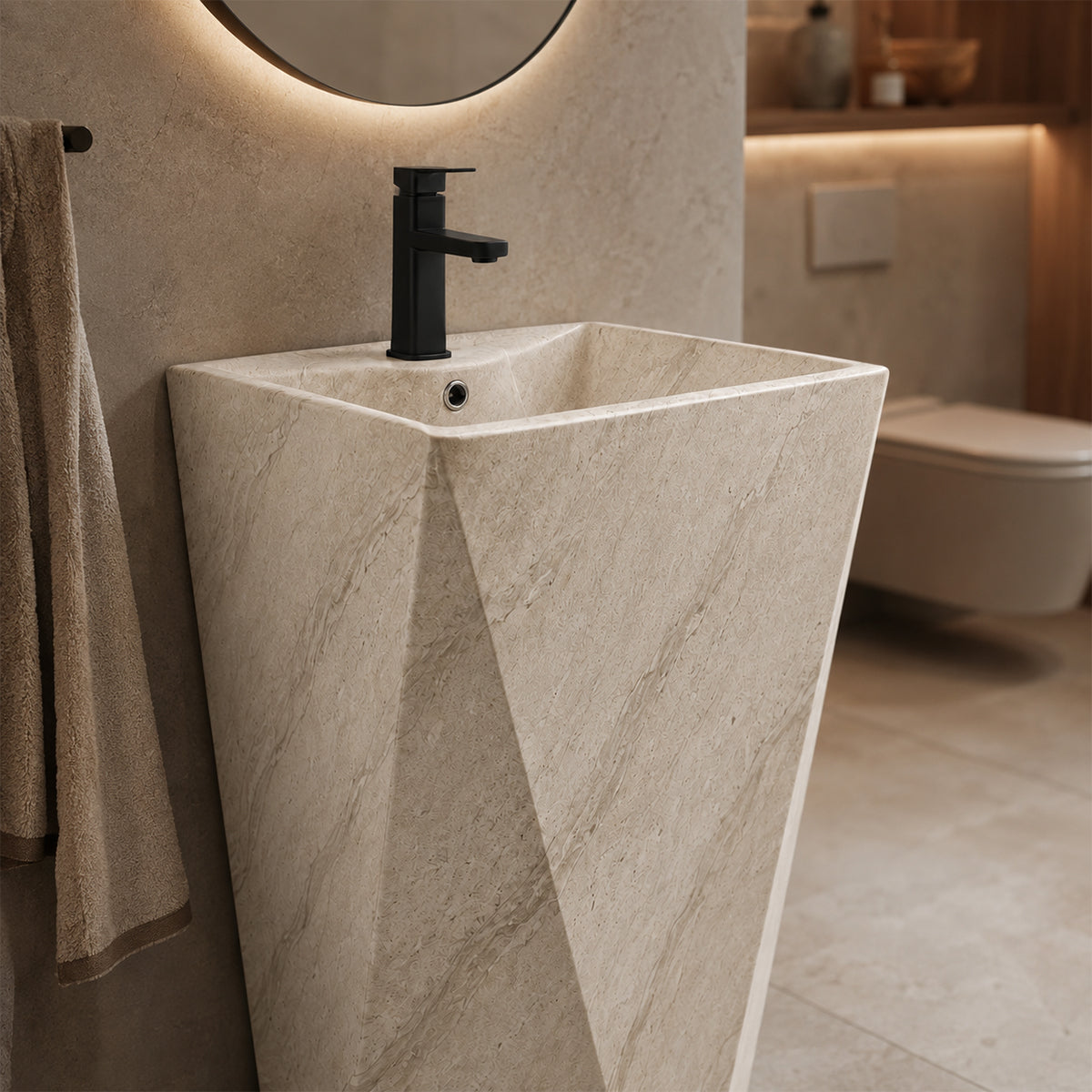 Lavoar stativ, cu gaura de baterie, 47x47x83 cm, montaj pe podea, ceramica sanitara, Enrico Stone