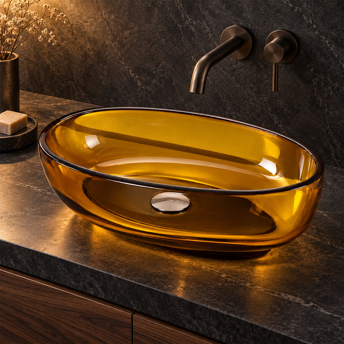 Lavoar, CristalMood, culoarea graului, transparent, ventil crom inclus, 55x37 cm, montaj pe blat, Siena