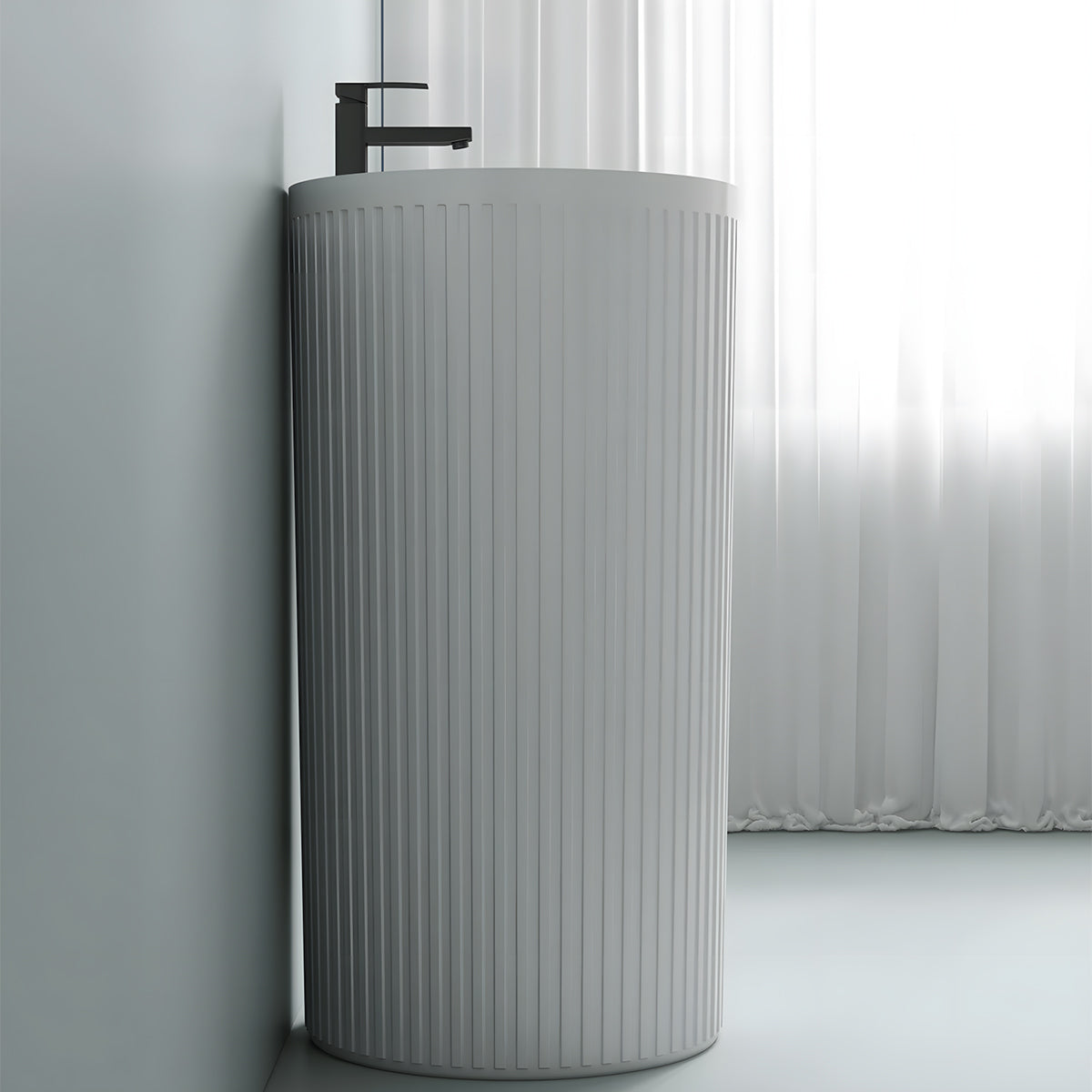 Lavoar freestanding alb lucios cu riflaj vertical, 45x45x85 cm, fara gaura de baterie, ceramica sanitara, Firenze