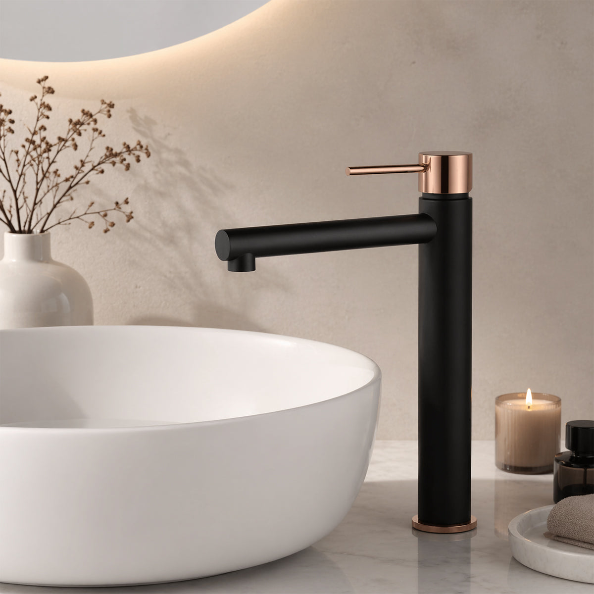 Baterie lavoar, perlator, montaj pe blat, Negru cu Rose Gold, inaltime 30.5 cm, Murano