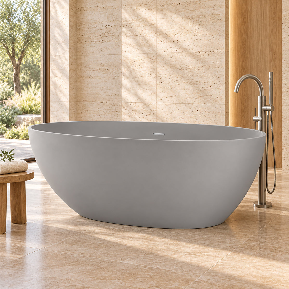 Cada de baie, compozit mineral, freestanding, Gri Ciment Mat, ventil crom inclus, 170x78 cm, Aveline