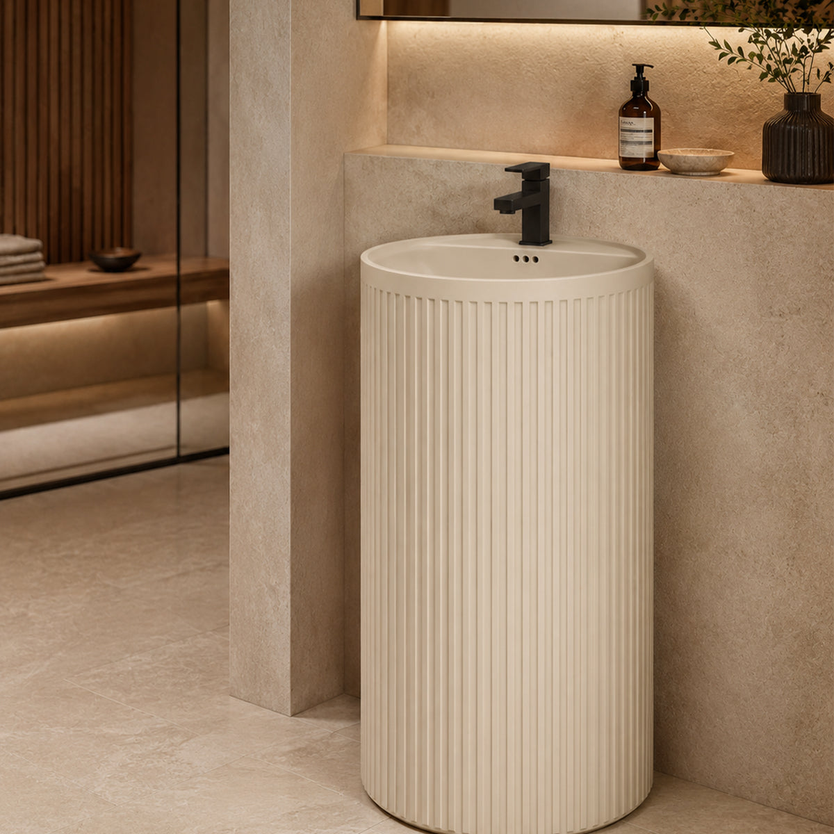 Lavoar freestanding, Jasmine Mat cu riflaj vertical, 45x45x85 cm, cu gaura de baterie, ceramica sanitara, Firenze